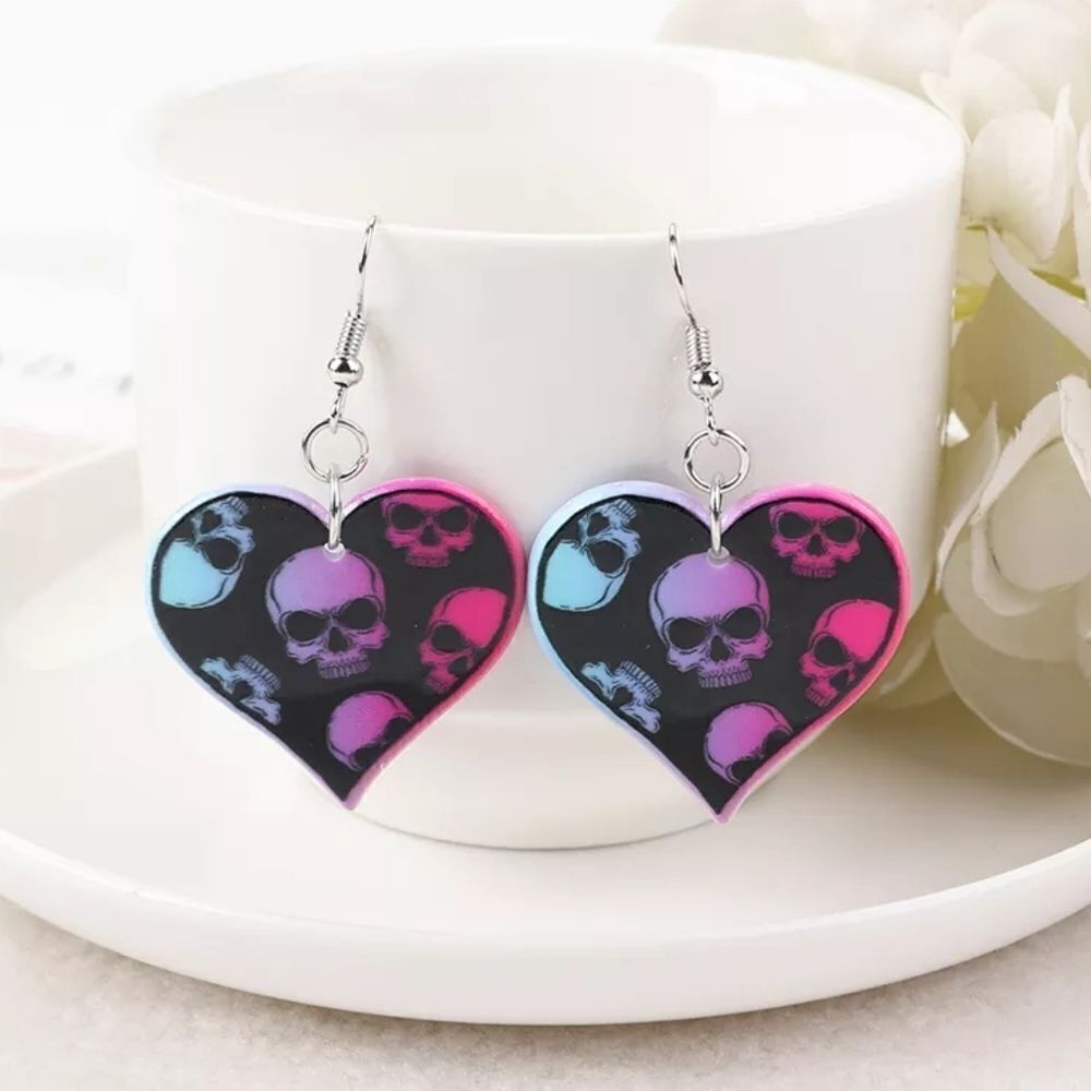 Pastel Goth Halloween RIP Skull Heart Dangle Earrings 2"